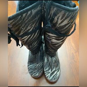 Sugar Black and Gray Sequin Zebra Boots are a size 10.